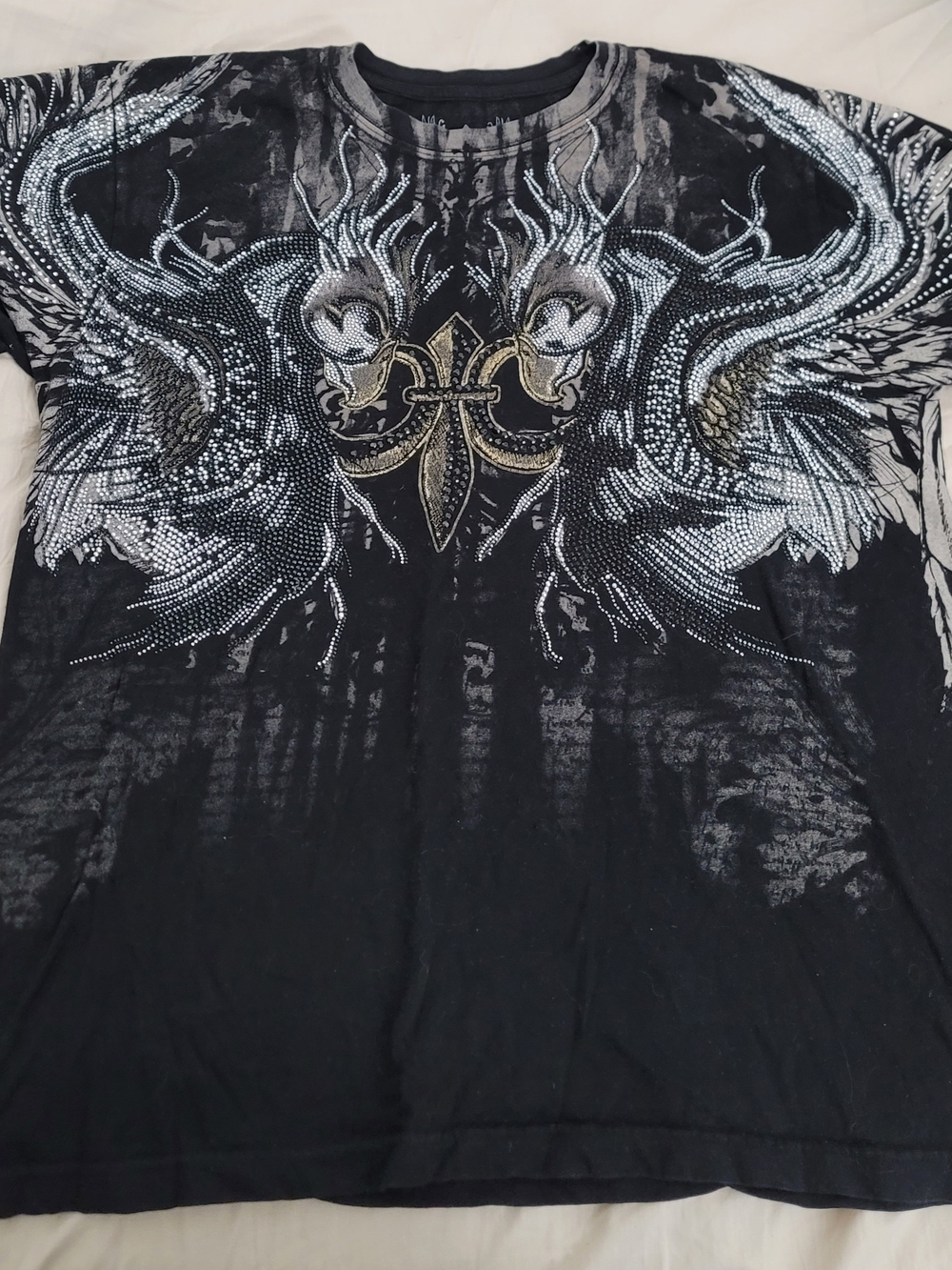 Affliction Black Graphic Short Sleeve Tee with Silver and Gold Embellishment
